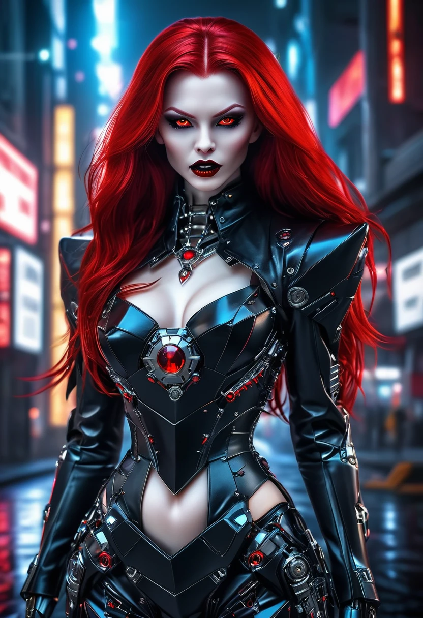 ((a photorealistic glamour shot of an exquisite, glamour mecha female vampire: 1.5)), ((full body: 1.3)), ultra feminine, pale face, red hair, long vibrant shiny hair, glamorous hair,  red eyes, miniatures mechanical , deep penetrating eyes, red lips, lustful lips, ((two visible vampiric fangs: 1.5), drops of blood dripping from the mouth, ((cyberpunk style: 1.5)), she wears (black elegant glamour dress, with small delicate mechanical parts: 1.4), digital parts,  intricate details, the dress is studded with diamonds, tight suit, dynamic color, high heels, cyberpunk street at night background, (highest quality:1.2, Very detailed, up to date, Vibrant, Ultra-high resolution, High Contrast, masterpiece:1.2, highest quality, Best aesthetics), best details, best quality, highres, ultra wide angle, 16k, [ultra detailed], masterpiece, best quality, (extremely detailed), Genetically modified..., Cinematic Hollywood Film, nijimecha