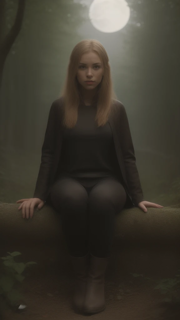 ((Best quality)), ((masterpiece)), (detailed), perfect face, Character for the game, slender elf girl, Golden hair, green eyes, Perfect hands, dark leather top, dark leather pants, gray cloak, leather boots on feet, sitting on a tree branch growing from a tree, short dagger in hand, On the background of a dense forest, night time, full moon