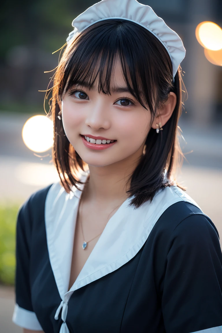 (8K, RAW Photos,Highest quality, High resolution:1.1), (Ultra-realistic:1.4),(Realistic, Realistic:1.3), big,Realistic Face,Realistic Body,Realistic Skin,masterpiece,(cute:1.8), cute子たち, alone, (big:1.2), Detailed black eyes,Innocent eyes,(T-Shirts:1.2 ),Cinema Lighting,Film Grain,jewelry,Earrings,((Medium Hair:1.1)),((Floating Hair Nova Debtlog Style)),Cherry-colored lips,Hair Ribbon,ponytail,close,Look Viewer,Long Hair,Upper Body,Open your lips,Upper teeth, (Smiling Eyes:0.6),((Grin:1.2)), Blurred Background, Eye focus , Bokeh,young, 85mm lens, young,Portraiture,Photon Mapping,Radio City,Physically Based Rendering,Asian,((Maid:1,3))