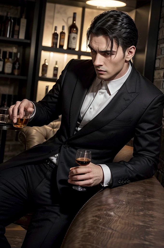 man, tall and fit, as mafia boss, with a glass of whiskey in one hand, in completely black suit, with short black hair, while sexy modeling, in different positions.
