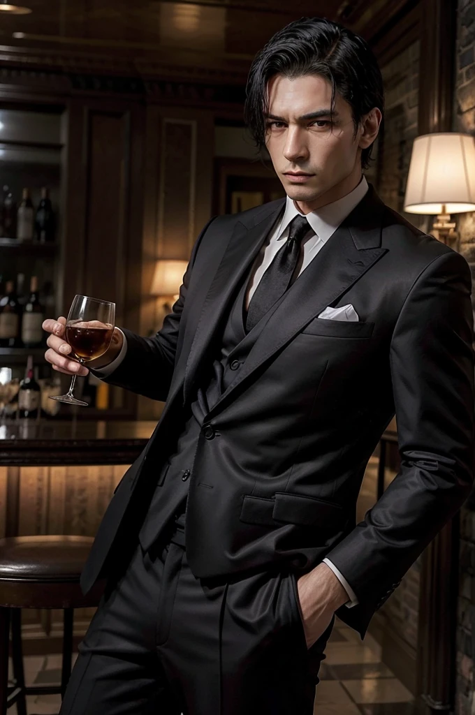 man, tall and fit, as mafia boss, with a glass of whiskey in one hand, in completely black suit, with short black hair, while sexy modeling, in different positions.