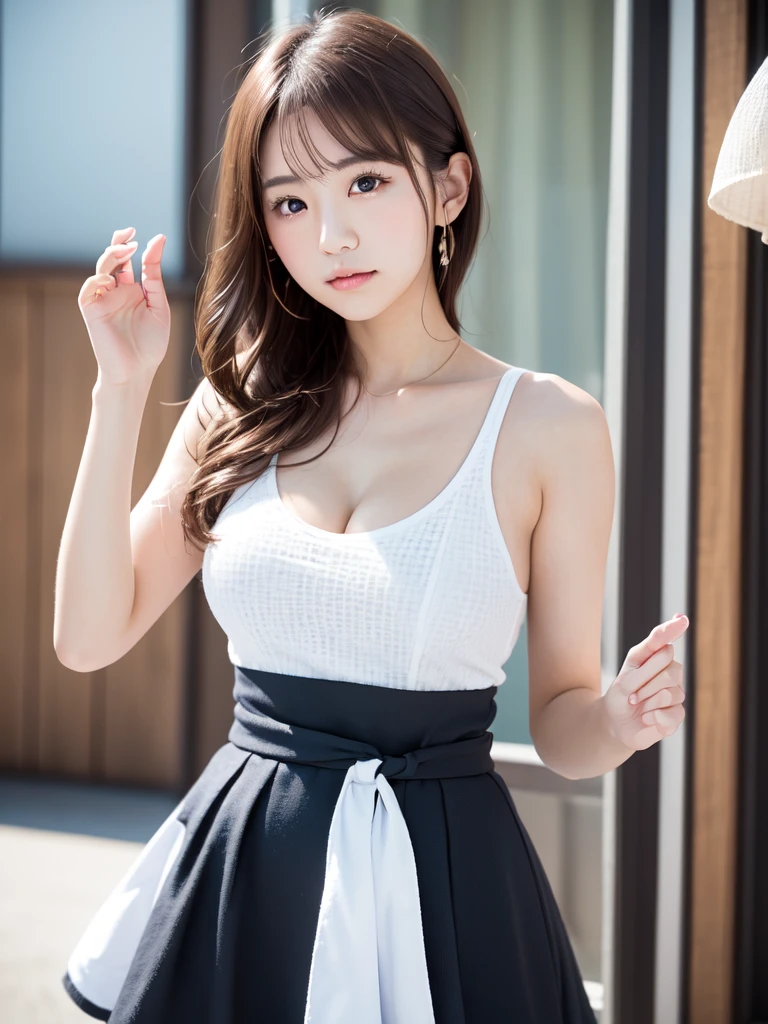 The cutest gravure idol pose in the world、Perfect proportions、Large Breasts, valley, cute、((18-year-old female:1.2))、Young and adorable Japanese face，Official Art，Very detailedな CG Unity 8K 壁紙，（masterpiece:1.0),(Highest quality:1.0), 超High resolution,4K,Very detailed, photo shoot, 8K, Hmph, High resolution, Kodak Portrait 400, Film Grain, Lens flare brilliance,高いest quality,8K,Hmph:1.2),Portrait Shot,8K、Show your side、Raise your hands high and cheer。Maid Skirt、