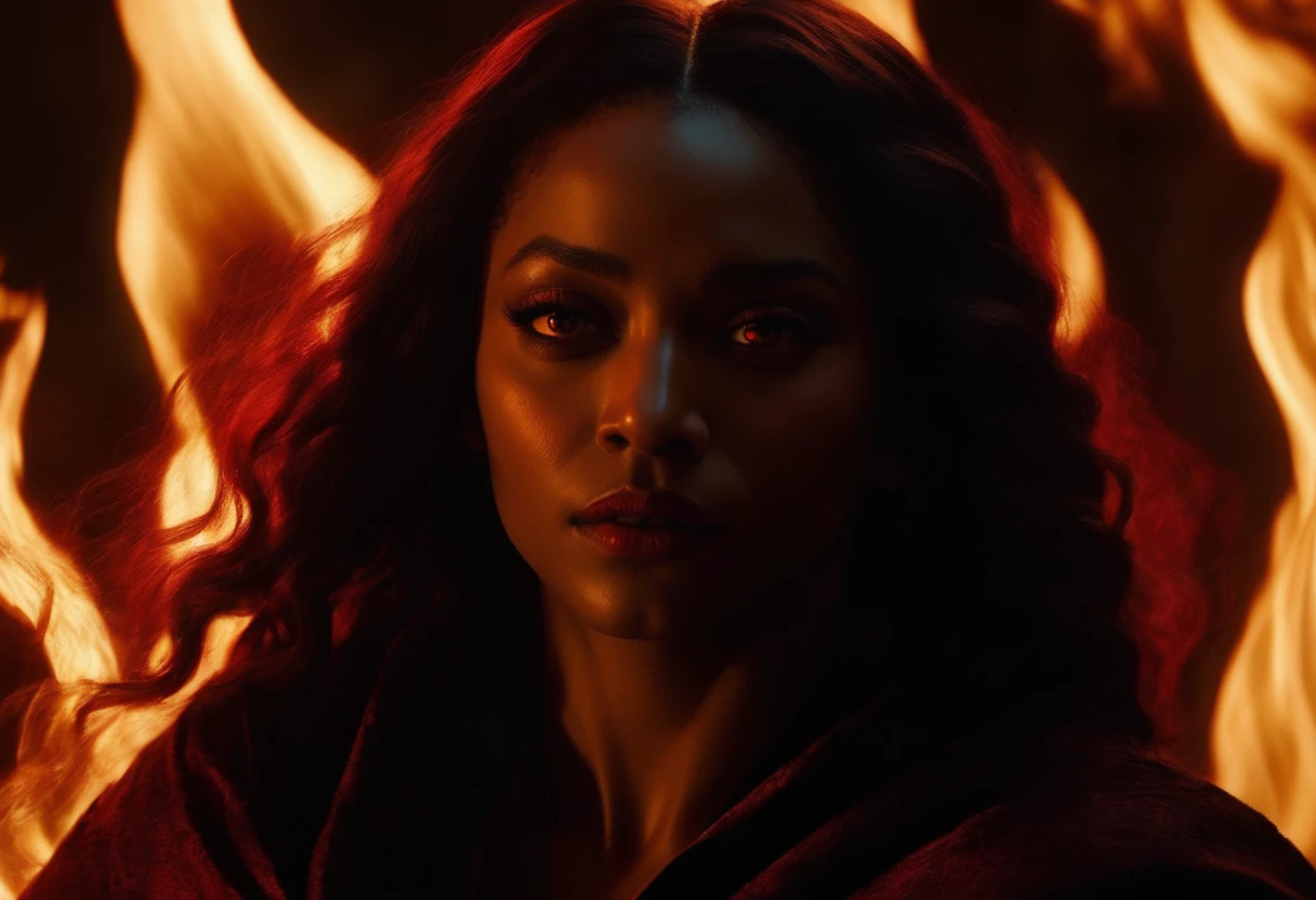 - Scene: Create an image of two people in love in a setting of mystery and passion.
- Woman's Appearance:
- Resembles Beyoncé
- Brown skin
- Long, golden blonde curly hair
- Confident and seductive expression
- Wearing a red dress, elegant and form-fitting
- Lips painted a deep, intense red
- Man's Appearance:
- Resembles Severus Snape
- Pale skin
- Large nose
- Black, straight hair falling around his face in a somber manner
- Serious and intense expression
- Wearing a black cloak, contrasting with the flames around them
- Atmosphere:
- Surrounded by flames, creating a mystical and fiery ambiance
- Soft lighting highlighting their faces, enhancing the sparkle in their eyes
- Flames adding an element of intensity and mystery to the scene
- They are close to each other, gazing intensely into each other's eyes, exuding a strong emotional connection