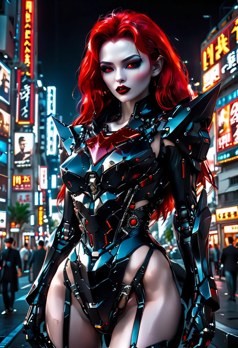 ((a photorealistic glamour shot of an exquisite, glamour mecha female vampire: 1.5)), ((full body: 1.3)), ultra feminine, pale face, red hair, long vibrant shiny hair, glamorous hair,  red eyes, miniatures mechanical , deep penetrating eyes, red lips, lustful lips, ((two visible vampiric fangs: 1.5), drops of blood dripping from the mouth, ((cyberpunk style: 1.5)), she wears (black elegant glamour dress, with small delicate mechanical parts: 1.4), digital parts,  intricate details, the dress is studded with diamonds, tight suit, dynamic color, high heels, cyberpunk street at night background, (highest quality:1.2, Very detailed, up to date, Vibrant, Ultra-high resolution, High Contrast, masterpiece:1.2, highest quality, Best aesthetics), best details, best quality, highres, ultra wide angle, 16k, [ultra detailed], masterpiece, best quality, (extremely detailed), Genetically modified..., Cinematic Hollywood Film, nijimecha