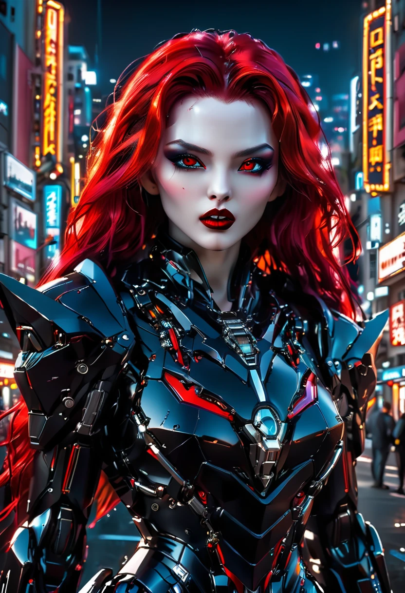 ((a photorealistic glamour shot of an exquisite, glamour mecha female vampire: 1.5)), ((full body: 1.3)), ultra feminine, pale face, red hair, long vibrant shiny hair, glamorous hair,  red eyes, miniatures mechanical , deep penetrating eyes, red lips, lustful lips, ((two visible vampiric fangs: 1.5), drops of blood dripping from the mouth, ((cyberpunk style: 1.5)), she wears (black elegant glamour dress, with small delicate mechanical parts: 1.4), digital parts,  intricate details, the dress is studded with diamonds, tight suit, dynamic color, high heels, cyberpunk street at night background, (highest quality:1.2, Very detailed, up to date, Vibrant, Ultra-high resolution, High Contrast, masterpiece:1.2, highest quality, Best aesthetics), best details, best quality, highres, ultra wide angle, 16k, [ultra detailed], masterpiece, best quality, (extremely detailed), Genetically modified..., Cinematic Hollywood Film, nijimecha