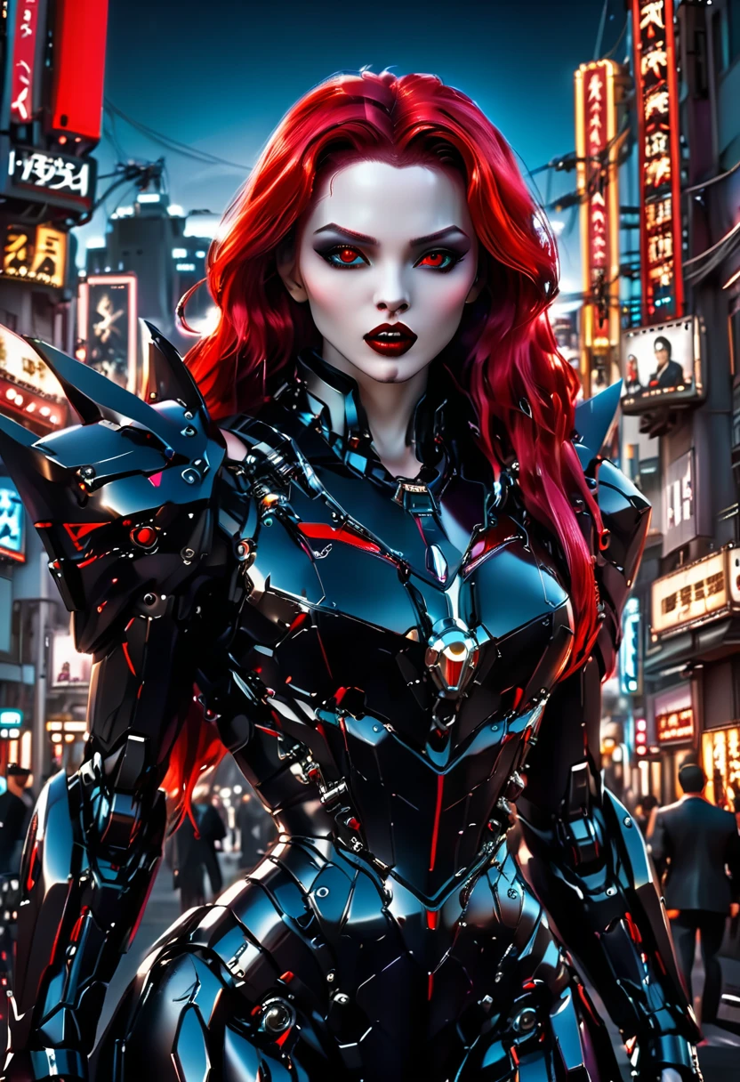 ((a photorealistic glamour shot of an exquisite, glamour mecha female vampire: 1.5)), ((full body: 1.3)), ultra feminine, pale face, red hair, long vibrant shiny hair, glamorous hair,  red eyes, miniatures mechanical , deep penetrating eyes, red lips, lustful lips, ((two visible vampiric fangs: 1.5), drops of blood dripping from the mouth, ((cyberpunk style: 1.5)), she wears (black elegant glamour dress, with small delicate mechanical parts: 1.4), digital parts,  intricate details, the dress is studded with diamonds, tight suit, dynamic color, high heels, cyberpunk street at night background, (highest quality:1.2, Very detailed, up to date, Vibrant, Ultra-high resolution, High Contrast, masterpiece:1.2, highest quality, Best aesthetics), best details, best quality, highres, ultra wide angle, 16k, [ultra detailed], masterpiece, best quality, (extremely detailed), Genetically modified..., Cinematic Hollywood Film, nijimecha