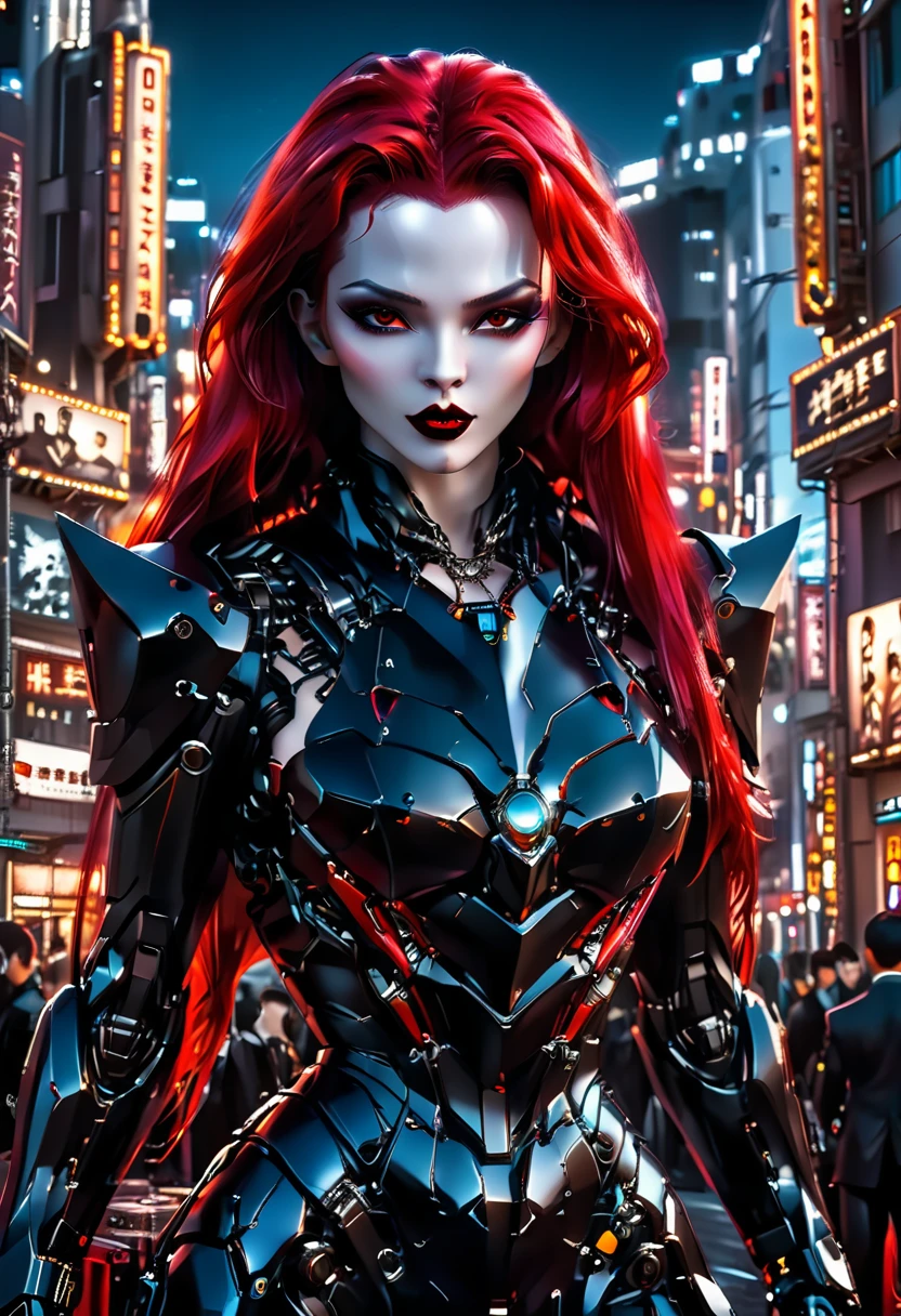 ((a photorealistic glamour shot of an exquisite, glamour mecha female vampire: 1.5)), ((full body: 1.3)), ultra feminine, pale face, red hair, long vibrant shiny hair, glamorous hair,  red eyes, miniatures mechanical , deep penetrating eyes, red lips, lustful lips, ((two visible vampiric fangs: 1.5), drops of blood dripping from the mouth, ((cyberpunk style: 1.5)), she wears (black elegant glamour dress, with small delicate mechanical parts: 1.4), digital parts,  intricate details, the dress is studded with diamonds, tight suit, dynamic color, high heels, cyberpunk street at night background, (highest quality:1.2, Very detailed, up to date, Vibrant, Ultra-high resolution, High Contrast, masterpiece:1.2, highest quality, Best aesthetics), best details, best quality, highres, ultra wide angle, 16k, [ultra detailed], masterpiece, best quality, (extremely detailed), Genetically modified..., Cinematic Hollywood Film, nijimecha