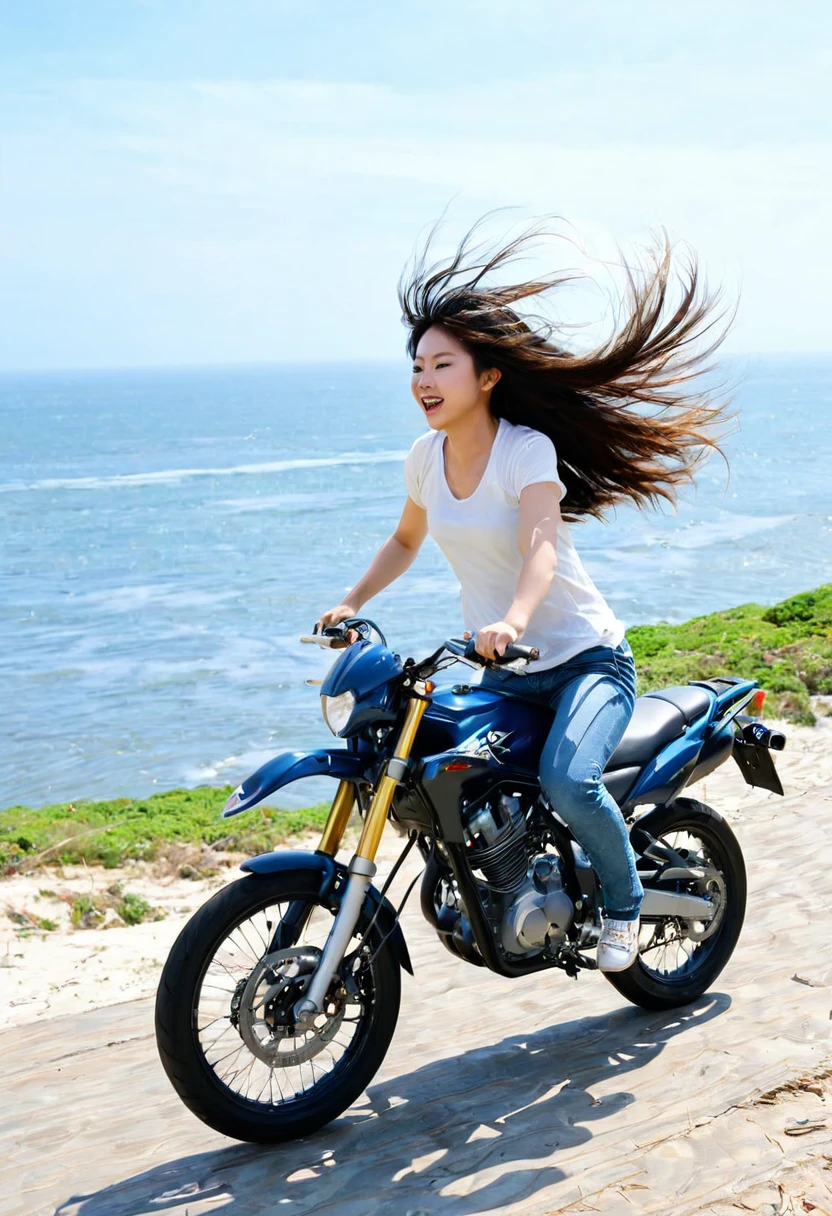 Motorcycle Girl、With her hair fluttering、Along the coast、Run、