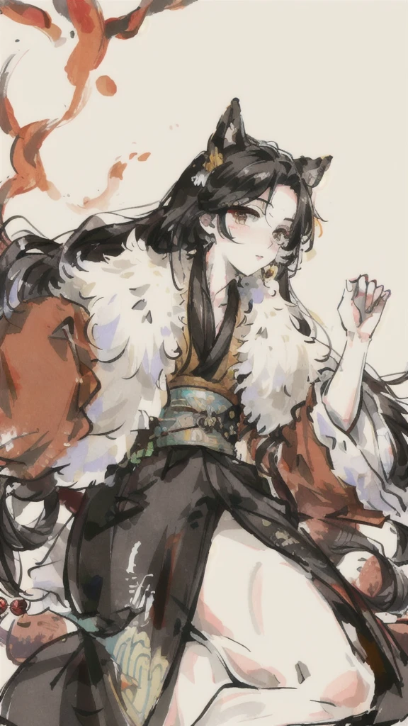 ((4k,masterpiece,best quality)), shuimobysim, traditional chinese ink painting, fire, hanfu, maxiskit, noble conservatively
1 man, solo, black hair, long hair, fox ears, white, fish, many fish near man, look at viewer, tease