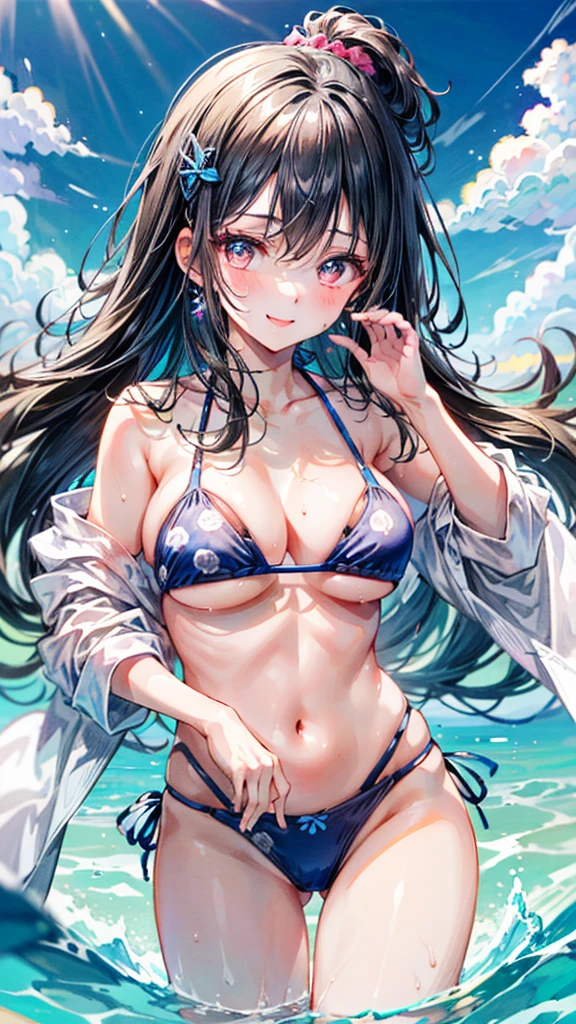 (Best quality, 8k, 32k, Masterpiece, UHD,:1.2),RAW, human, ((2girls)),ultra cute , ultra cute, natural lighting,transparent shining eyes, 20yo,Medium breast ,femur, fair complexion , flushed face, Cowboy Shot, Splashing water、Happy expression、smile, The ruffled top and high-waisted bikini bottoms accentuate your feminine charm, Choose a patterned or brightly colored bikini to make your look even more cute, Choose colorful patterns and pop designs,