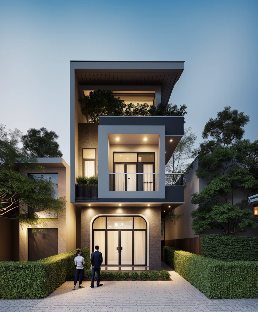 a view of a modern home with a large front yard, main material by white wall and stone and wood,  1 road runs in front of the house,  (RAW photo, real, best quality, masterpiece:1.2), look morden minimalist, 1 road in front of the house, shime ring light, light brighteness from indoor:1.2, dynamic lighting:1.3, (hyper realistic, photo-realistic:1.2), high quality, day lighht, hight contrast :0.5 perfect lighting, archdaily,  award winning contemporary, contemporary masterpiece, well-designed masterpiece, large modern residence, neotraditional modern, wide angle exterior 2022, midcentury modern, contemporary house, hip modern vibe, a long-shot from front, award winning modern design, stunning lines, residential, subtle detailing, light indoor:1.3
