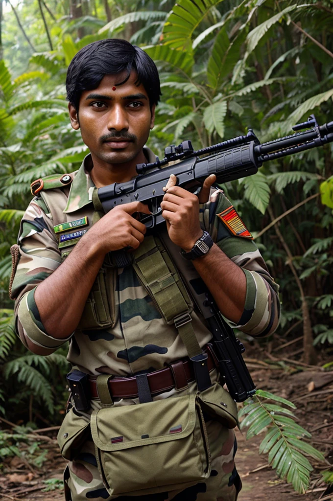 A Indian Army personal wearing a Google with carry a Riffle in a Jungle