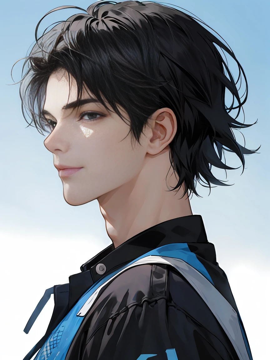 modern, under a clear blue sky, anime style, chiaroscuro, UHD, masterpiece, anatomically correct, textured skin, high details, super detail, best quality, (extreamly delicate and beautiful:1.2), 8K, (tmasterpiece, best:1.0), ((A boy with very short black hair)), short black Quiff hair with Soft Fringe, bangs part on side 5:5 ratio, wearing a loose black sleeve, thin, (sports style), a frontal view of a face looking to the right, displaying a sly smile, Korean illustration style.