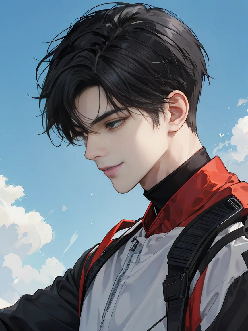 modern, under a clear blue sky, anime style, chiaroscuro, UHD, masterpiece, anatomically correct, textured skin, high details, super detail, best quality, (extreamly delicate and beautiful:1.2), 8K, (tmasterpiece, best:1.0), ((A boy with very short black hair)), short black Quiff hair with Soft Fringe, bangs part on side 5:5 ratio, wearing a loose black sleeve, thin, (sports style), a frontal view of a face looking to the right, displaying a sly smile, Korean illustration style.