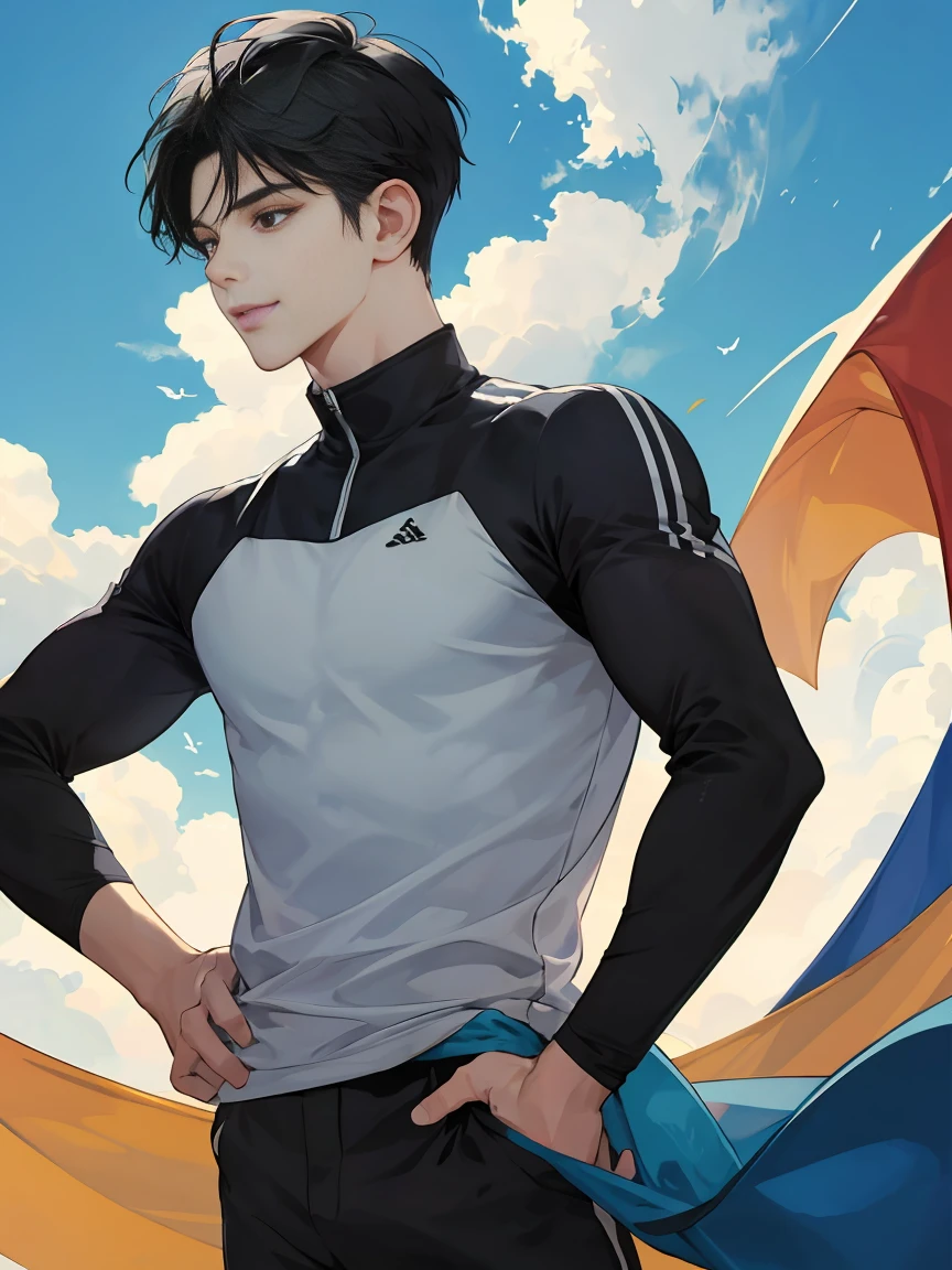 modern, under a clear blue sky, anime style, chiaroscuro, UHD, masterpiece, anatomically correct, textured skin, high details, super detail, best quality, (extreamly delicate and beautiful:1.2), 8K, (tmasterpiece, best:1.0), ((A boy with very short black hair)), short black Quiff hair with Soft Fringe, bangs part on side 5:5 ratio, wearing a loose black sleeve, thin, (sports style), a frontal view of a face looking to the right, displaying a sly smile, Korean illustration style.