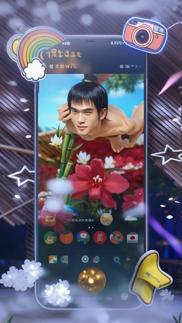 long shot of a indonesian handsome man with an ideal body, black hair in a ponytail, wearing a t-shirt, levis shorts, slippers, sitting back in a bamboo house in the middle of a rice field while smoking, gaze at the camera, night view, soft bokeh on the foreground, hd, 8k, ultra realism, ultra details, hyperrealistic, masterpiece