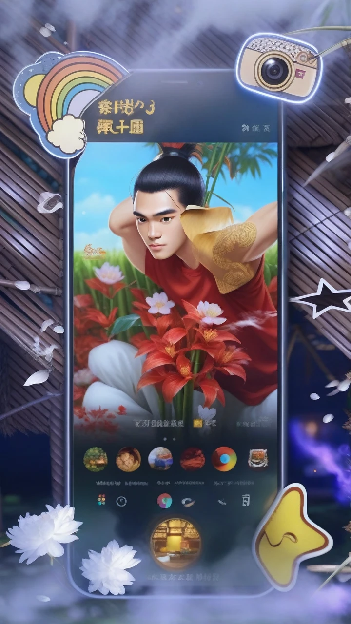 long shot of a indonesian handsome man with an ideal body, black hair in a ponytail, wearing a t-shirt, levis shorts, slippers, sitting back in a bamboo house in the middle of a rice field while smoking, gaze at the camera, night view, soft bokeh on the foreground, hd, 8k, ultra realism, ultra details, hyperrealistic, masterpiece