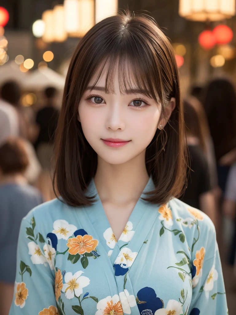 Tabletop, Highest quality, shape, Very detailed, finely, High resolution, 16K, Perfect dynamic composition, Straight hair, Medium Hair, Brown Hair,Natural color lip, smile, 20歳のgirl、cute、beautiful、完璧でbeautiful顔, beautiful and detailed face, Slim face and body, Elegant face, KPOP idol faces、Japanese idol faces、Small face、Big eyes, Brown eyes, Droopy eyes, 緻密でbeautiful目, girl,yukata, Summer festival, Vibrant festival lights and lanterns, Hairpin and flower, night, Front face、Upper Body