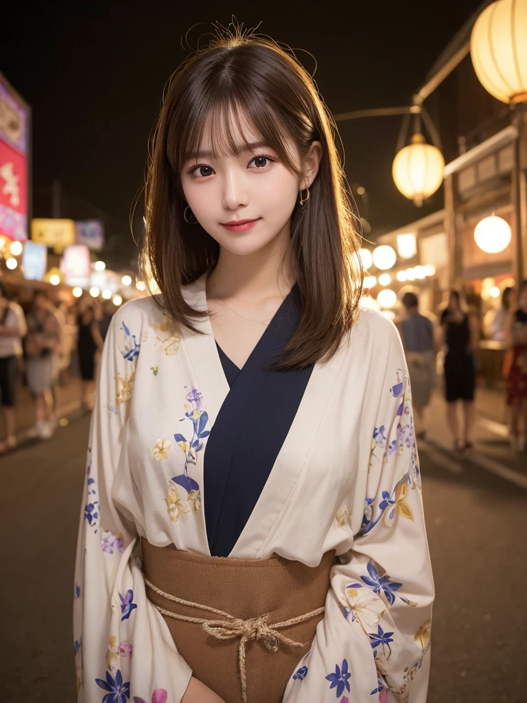 Tabletop, Highest quality, shape, Very detailed, finely, High resolution, 16K, Perfect dynamic composition, Straight hair, Medium Hair, Brown Hair,Natural color lip, smile, 20歳のgirl、cute、beautiful、完璧でbeautiful顔, beautiful and detailed face, Slim face and body, Elegant face, KPOP idol faces、Japanese idol faces、Small face、Big eyes, Brown eyes, Droopy eyes, 緻密でbeautiful目, girl,yukata, Summer festival, Vibrant festival lights and lanterns, Hairpin and flower, night, Front face、Upper Body