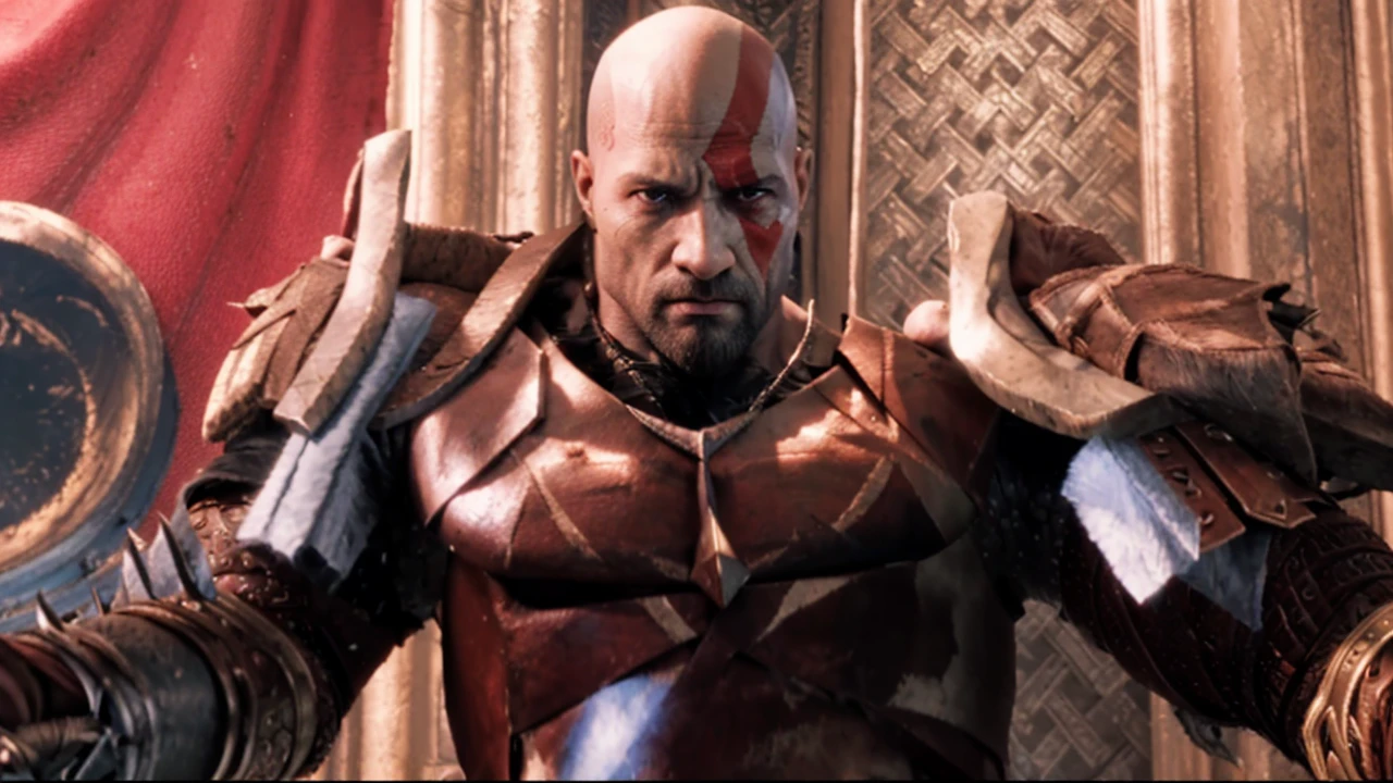 a close up of a man with a sword in a room, kratos, portrait of kratos, dwayne johnson as god of war, god of war, god of war 2 0 1 8, film still from god of war, video game avatar, game cg
