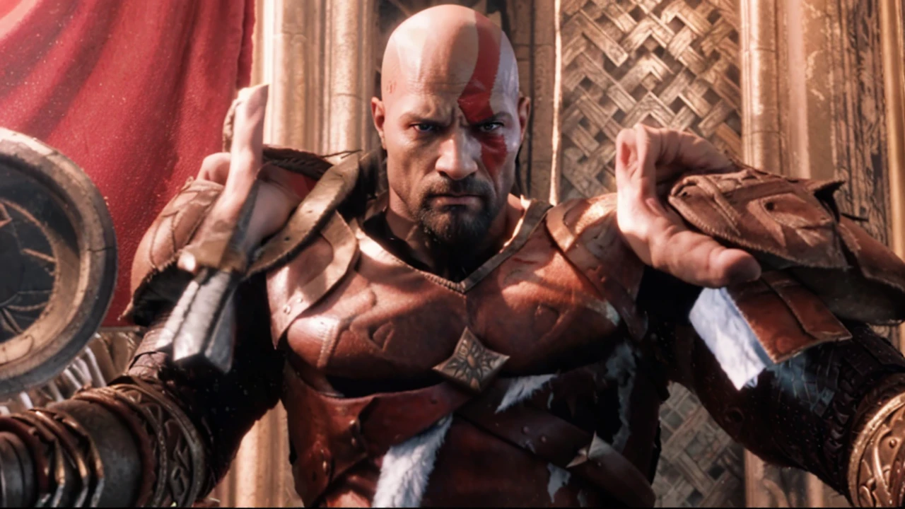 a close up of a man with a sword in a room, kratos, portrait of kratos, dwayne johnson as god of war, god of war, god of war 2 0 1 8, film still from god of war, video game avatar, game cg