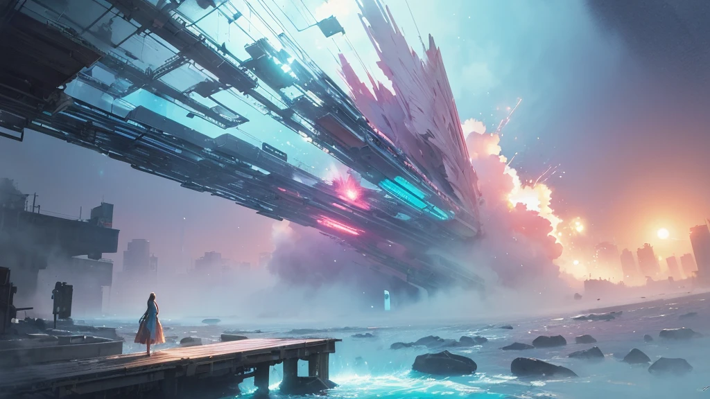 32k, Masterpiece, Highest quality, One girl, Detailed eyes, flower,Alstroemeria, Pink and light blue style,A dreamy, romantic piece,Pale yellow, Mysterious Leaves,A playful arrangement,Fantasy,High Contrast,Ink strokes,explosion,Exposure, Impression of pink and light blue tones,Abstract,((Watercolours by John Berkey and Jeremy Mann )) Brush strokes,Negative Space, Tyndall effect,