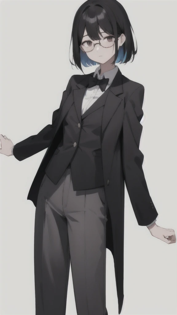 Tall、Black Hair、trimmed hair。He wears glasses.、Always has a calm expression。Wearing a blazer uniform、woman、(White background.Full Color.The eyes are clear、Are standing。18 years old、
