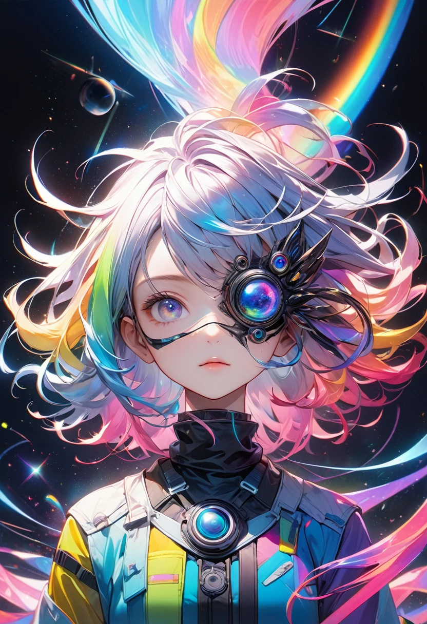 ([Eye mask:Expanding black hole:0.5], Spiral galaxies, no gravity), Absurd Aesthetics, 
BREAKHolographic, Dreamy rainbow colors, Cyberpunk, 
BREAK Surreal主义, Detailed and realistic skin texture, Detailed and complex texture, Delicate and complex brushwork, Detailed and clear description, Anatomically correct, Absurd Aesthetics, 
BREAK Dark background makes the subject stand out, 
BREAK Dramatic lighting, 
BREAK A strong and bold composition, 
Transparent full color, 
Dynamic facial capture, 
BREAK Re-drawn into a clear and vivid work, Highest quality rendering, best quality, Maximum resolution, 
Transparent full color, Surreal, 