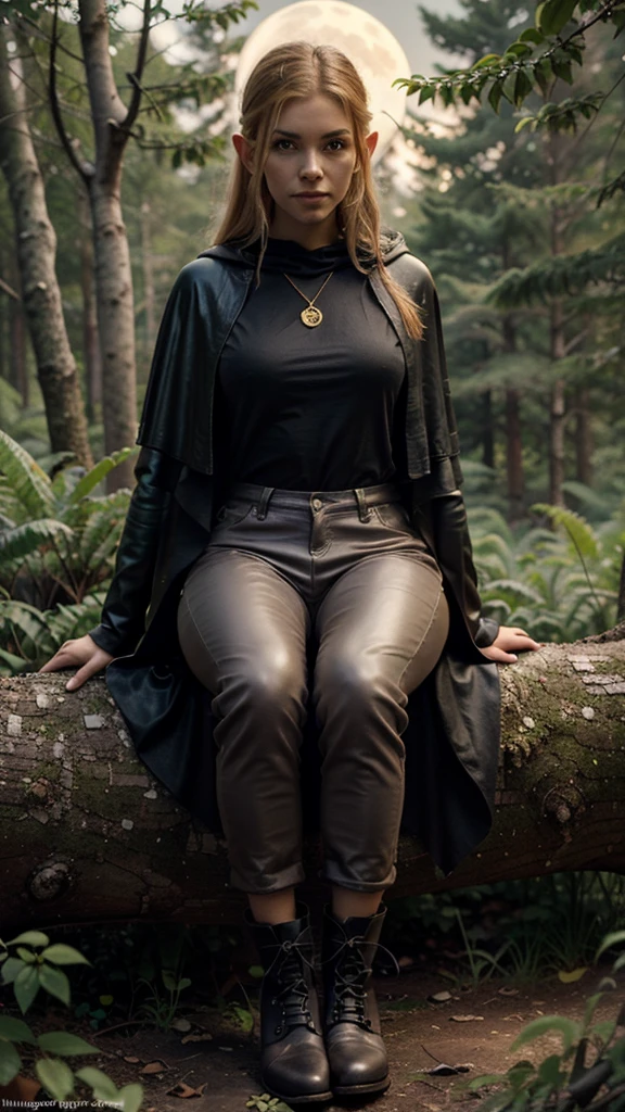 ((Best quality)), ((masterpiece)), (detailed), perfect face, Character for the game, slender elf girl, Golden hair, green eyes, Perfect hands, dark leather top, dark leather pants, gray cloak, leather boots on feet, sitting on a tree branch growing from a tree, short dagger in hand, On the background of a dense forest, night time, full moon