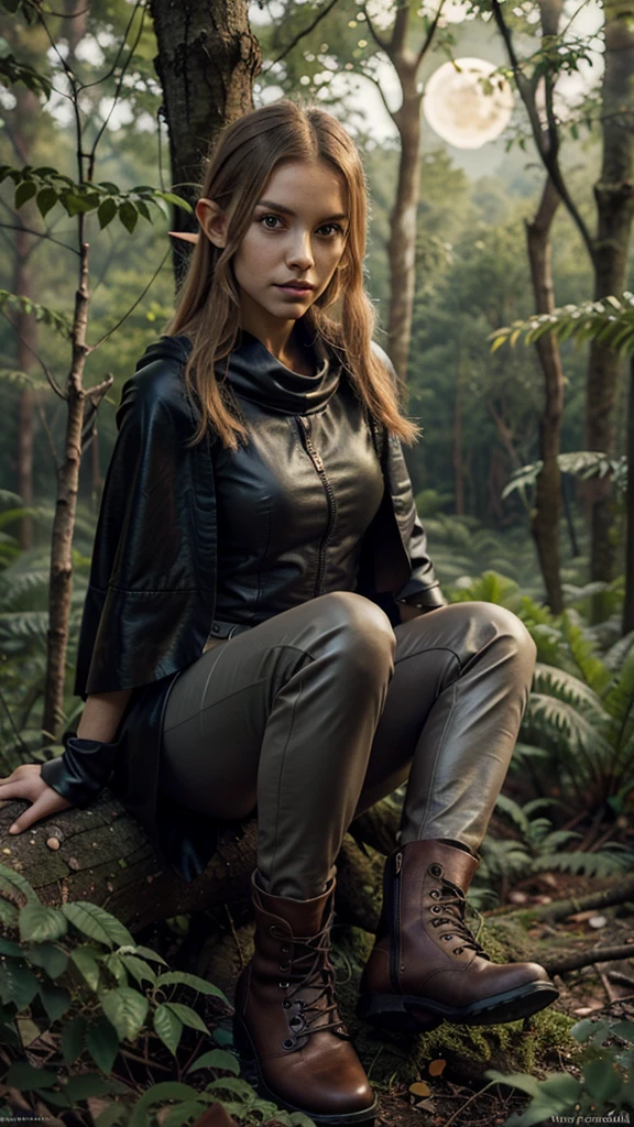 ((Best quality)), ((masterpiece)), (detailed), perfect face, Character for the game, slender elf girl, Golden hair, green eyes, Perfect hands, dark leather top, dark leather pants, gray cloak, leather boots on feet, sitting on a tree branch growing from a tree, short dagger in hand, On the background of a dense forest, night time, full moon