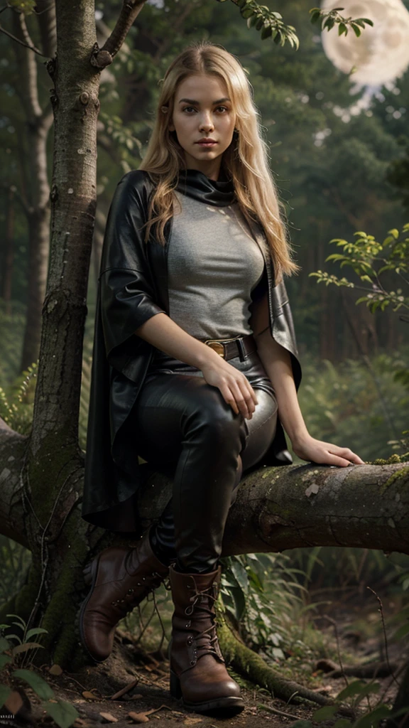 ((Best quality)), ((masterpiece)), (detailed), perfect face, Character for the game, slender elf girl, Golden hair, green eyes, Perfect hands, dark leather top, dark leather pants, gray cloak, leather boots on feet, sitting on a tree branch growing from a tree, short dagger in hand, On the background of a dense forest, night time, full moon