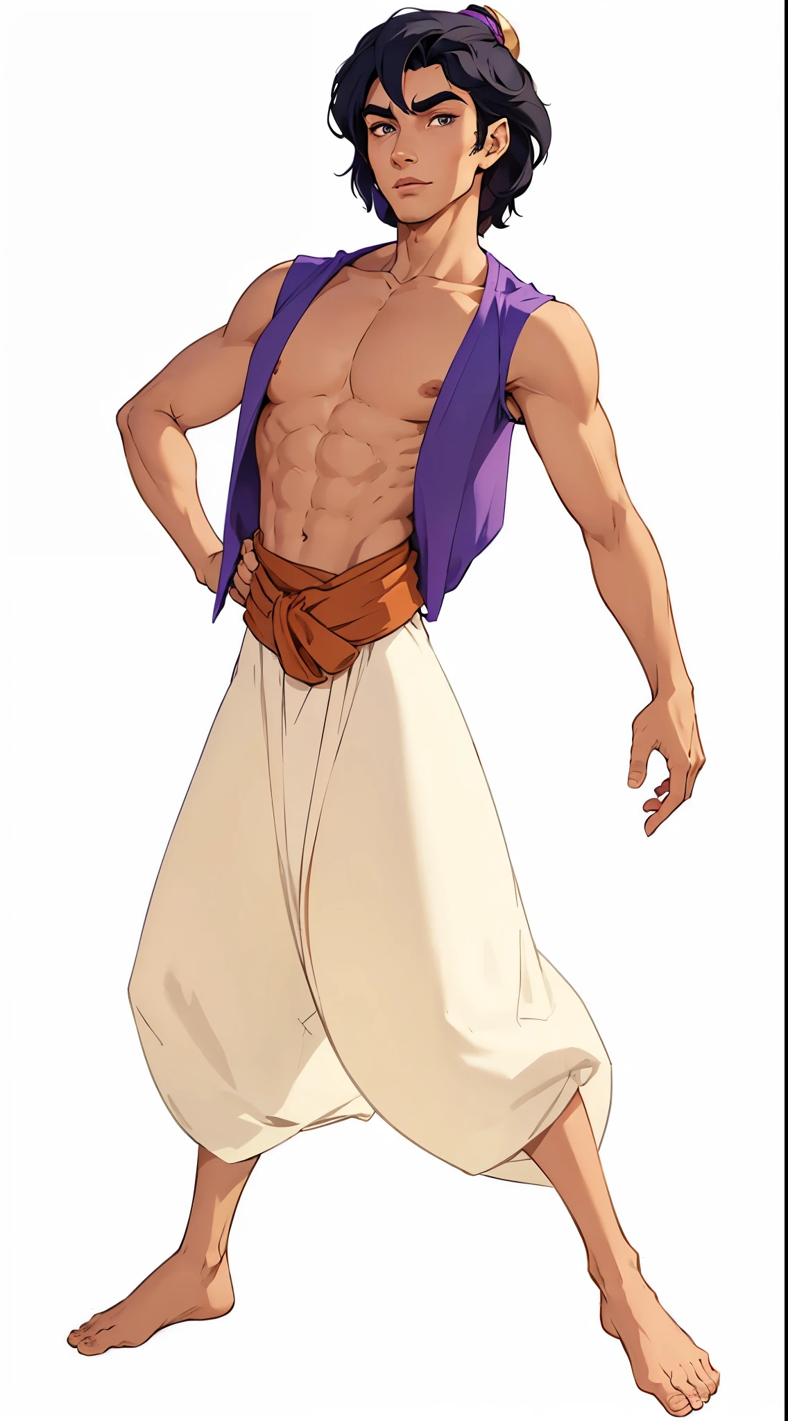Aladdin, extremely lifelike, Very beauthful, Fitness, Aladdin is a young man with an athletic appearance, with black hair and large, expressive eyes. He wears a sleeveless purple coat, baggy white pants and a red belt. Aladdin is brave, smart and good hearted.