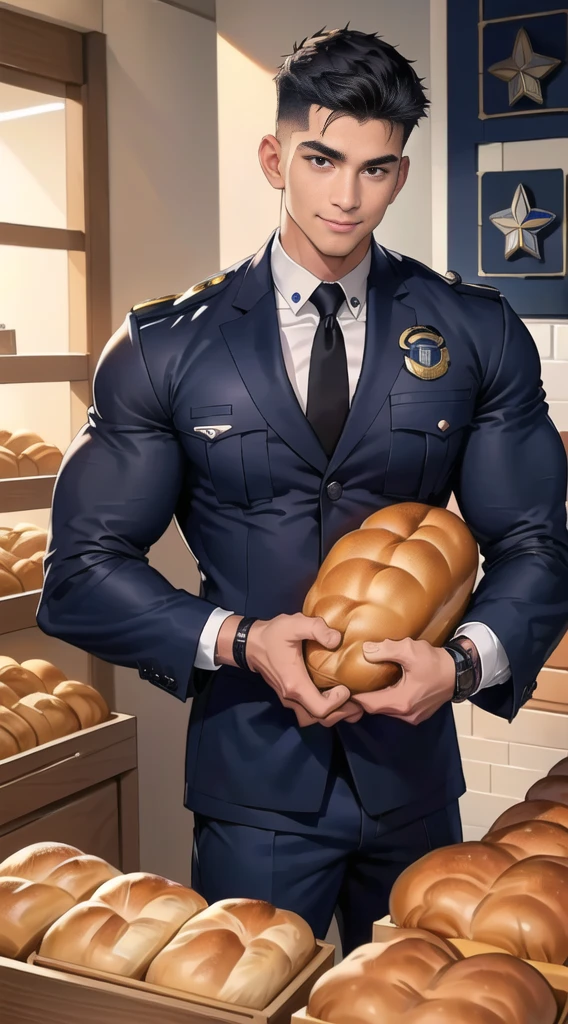 1 man,(Skinheads hairstyles) ,black eye,(Wear a fitted jacket  navy with a police badge.:1.3),(fit neck),Navy blue cargo ,(black_gloves), Korean guy,chest muscles,large arm muscles,blood vessel,Big muscles,Broad shoulders, smile, middle of the road,(full_shot:1.6),(In the bread shop:1.2),
