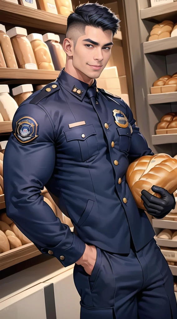 1 man,(Skinheads hairstyles) ,black eye,(Wear a fitted jacket navy with a police badge.:1.3),(fit neck),Navy blue cargo ,(black_gloves), Korean guy,chest muscles,large arm muscles,blood vessel,Big muscles,Broad shoulders, smile, middle of the road,(full_shot:1.6),(In the bread shop:1.2),