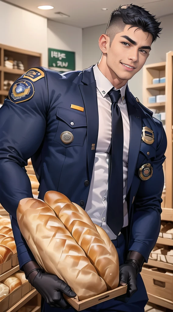 1 man,(Skinheads hairstyles) ,black eye,(Wear a fitted jacket navy with a police badge.:1.3),(fit neck),Navy blue cargo ,(black_gloves), Korean guy,chest muscles,large arm muscles,blood vessel,Big muscles,Broad shoulders, smile, middle of the road,(full_shot:1.6),(In the bread shop:1.2),
