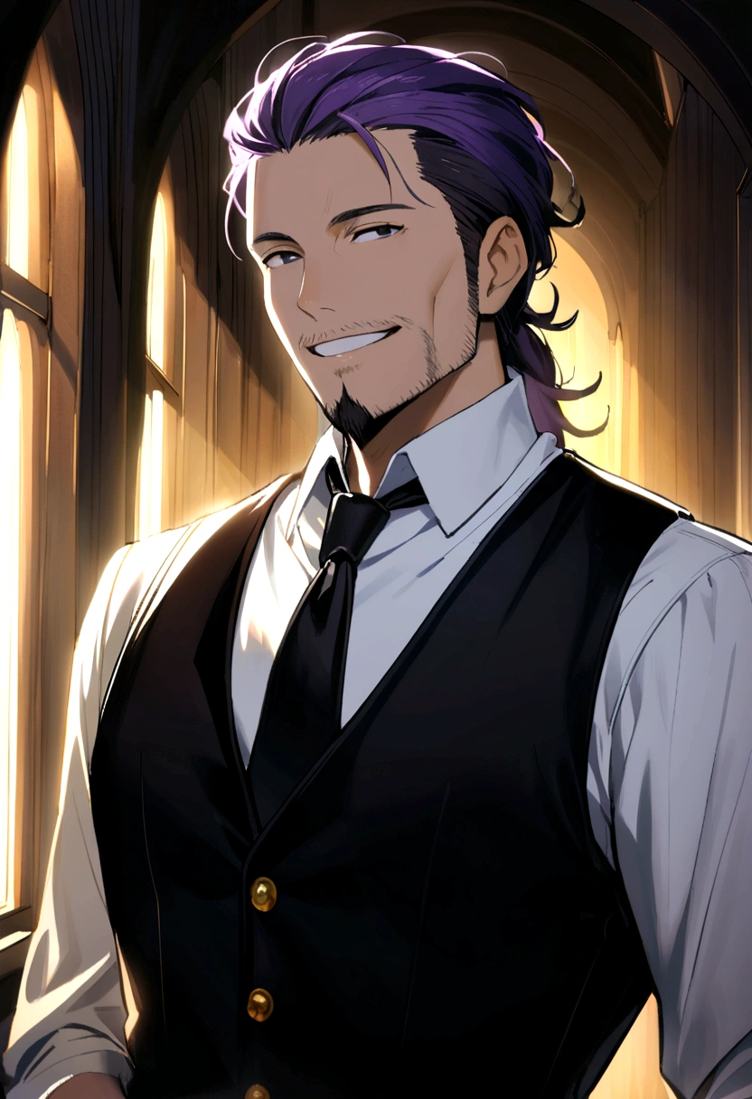 40 years old man, short purple hair parted in two, black eyes, sly eyes, smiling mouth, black goatee and beard, wearing black long-sleeved vest, white shirt, black tie, gold buttons.