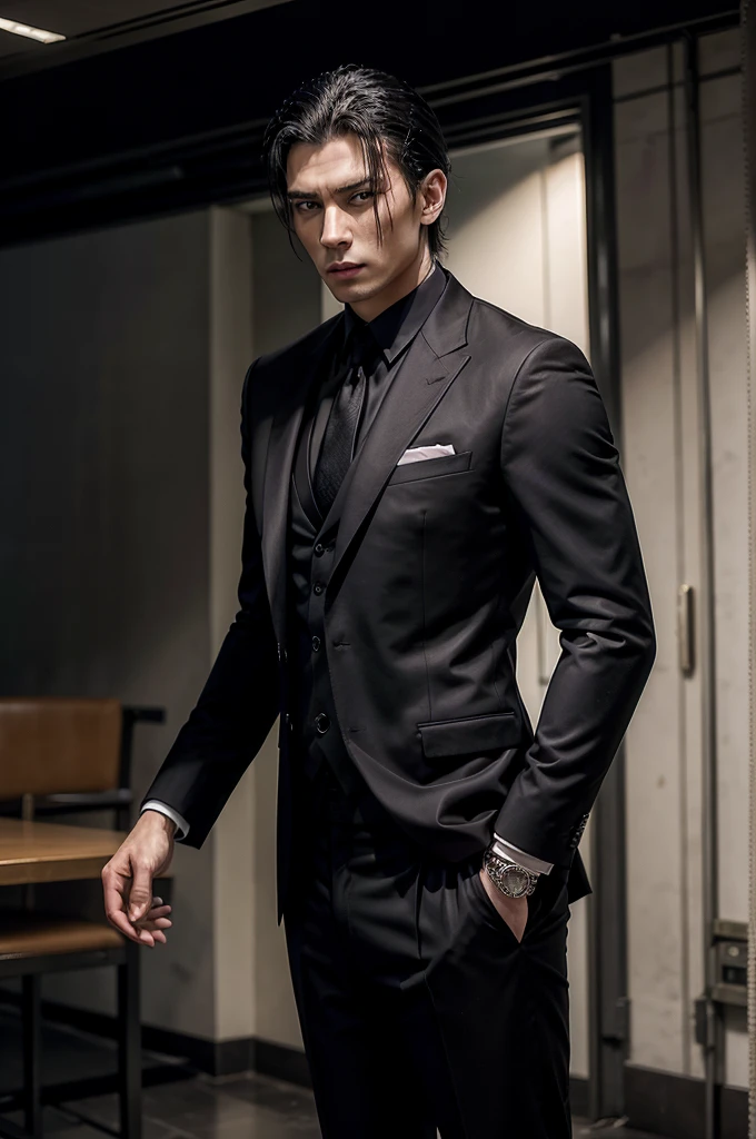 man, tall and fit, as mafia boss, in completely black suit, shirtless, with short black hair, while sexy modeling, in different positions.