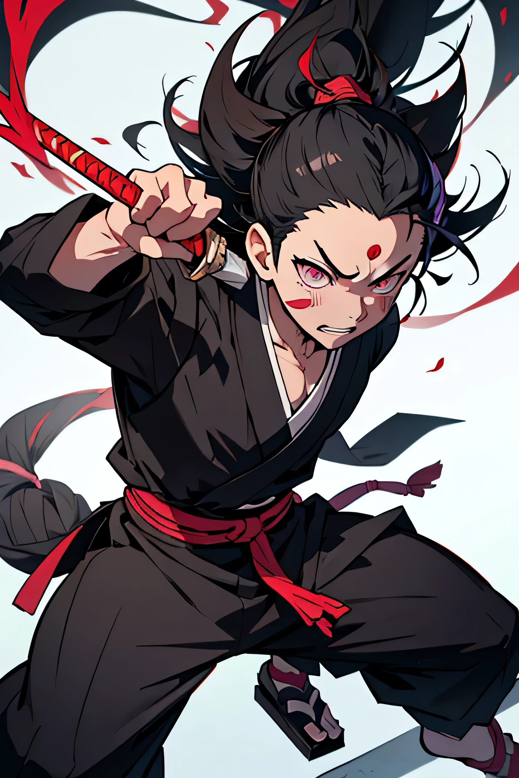 Create a detailed and dynamic illustration of Inosuke Hashibira from Demon Slayer: Kimetsu no Yaiba. Inosuke must be in an action pose, wielding his two Nichirin blades. He is wearing his signature boar's head helmet and his wild, muscular appearance is on display.. The background must feature a forest or a battlefield, reflecting the intense and adventurous nature of the series. The art style should be vibrant and detailed, capturing the energy and spirit of the character