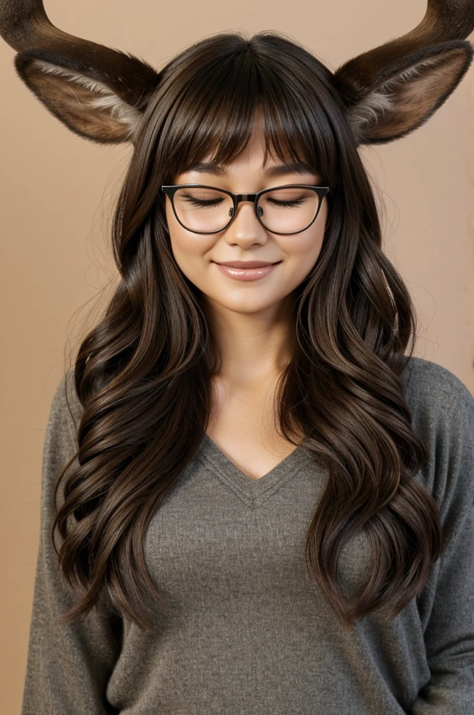deer hybrid, with very short brown hair, black deer antlers and drooping deer ears, fluffy tail, Omega body, Closed eyes, a charming smile and glasses