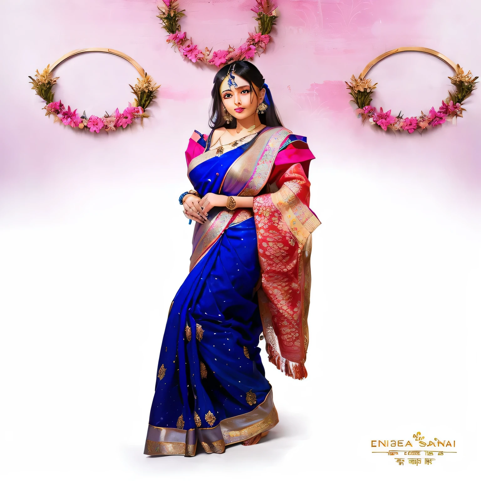 a woman in a blue sari posing for a picture, blue colored traditional wear, wearing sari, dressed in a sari, sari, wearing a sari, traditional beauty, with a blue background, woman posing, idian dress, very beautiful enga style, with lovely look, with beautiful colors, festival of rich colors, assamese, looking from side, traditional clothing