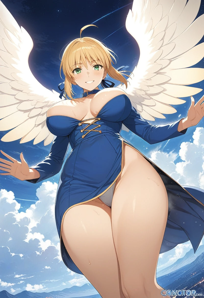 best quality, amazing quality, very aesthetic, 1girl, saber, fate/stay night, 1girl, saber, fate/stay night, , (artist official art:1.5), ahoge_hair, green eyes, steaming body, trembling, large breasts, jitome, cinematic light, official_dress, big_angel_wings, flying, on sky, happy, warm_smile, blush, night, looking_at_viewer, oily_skin, cool