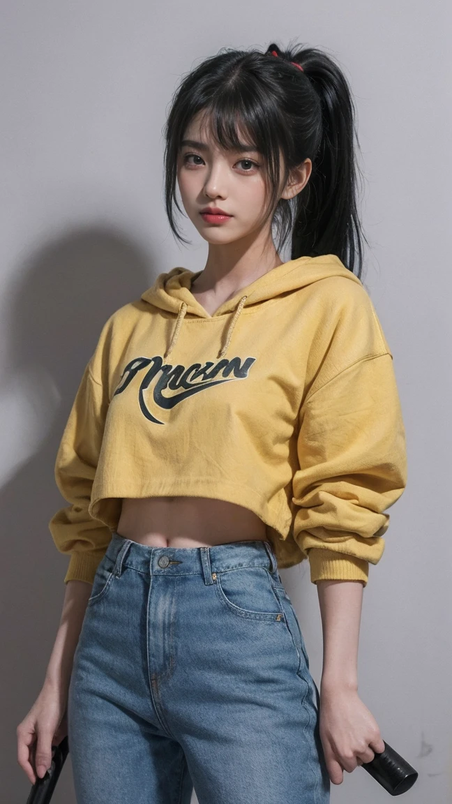 21yo, girl, green hair, standing and holding a red and black baseball bat behind her. She is wearing a yellow cropped hoodie, blue jeans with frayed hems, and black sneakers. Her hair is styled in a high ponytail with bangs framing her face. She has a cheerful expression and stands against a plain light gray background.