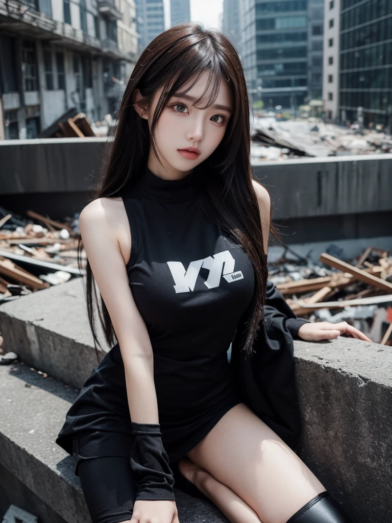 Beautiful woman wearing a dark Wearing swag style clothes mini dress with decorations on the shirt and visible shoulders and wearing boots and being photographed with a background And he was on top of a collapsed building ,Korean style swag, beautiful face so gorgeous, Beautiful eyes, y2k style, 