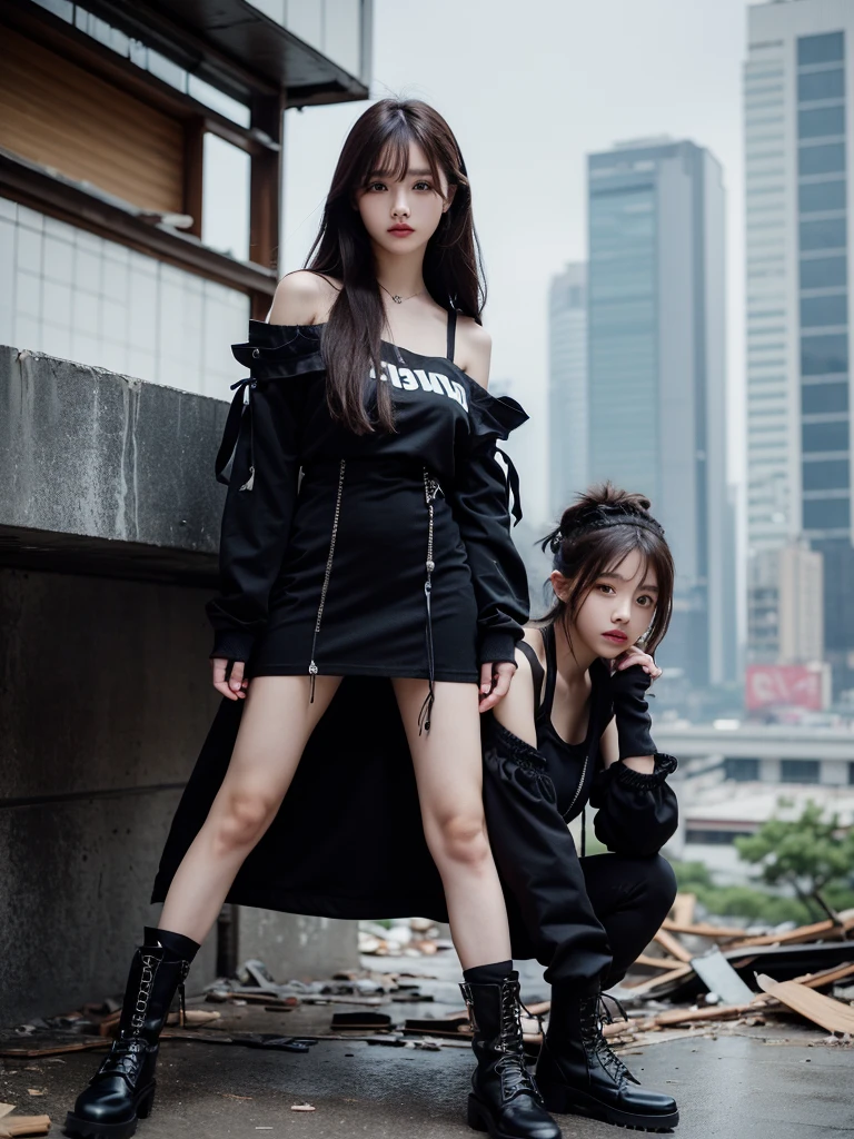 Beautiful woman wearing a dark Wearing swag style clothes mini dress with decorations on the shirt and visible shoulders and wearing boots and being photographed with a background And he was on top of a collapsed building ,Korean style swag, beautiful face so gorgeous, Beautiful eyes, y2k style,