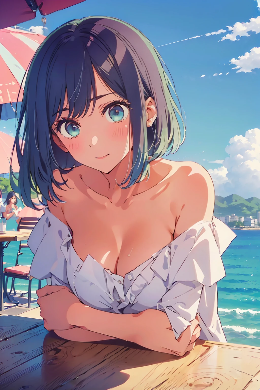 (Highest quality:1.4、8K:1.4、detailed)、F cup bust、Big Breasts、Slim body、Very white beautiful skin、((((1 person、Troubled expression、sit、Chair、In the background are the urban buildings of Tokyo、looking at the camera、Outdoor café terrace、coastal、Navy hair color、juice、Shooting up close、table、Very cute face))))、((((nude、Areola))))、(Touching cheeks with both hands pose:1.4)、(((Off the shoulder)))、Nipples、Very blue sky、A completely cloudless sky