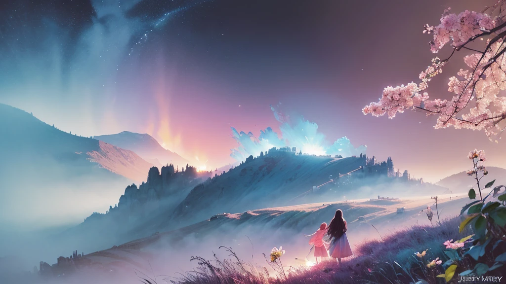 32k, Masterpiece, Highest quality, One girl, Detailed eyes, flower,Alstroemeria, Pink and light blue style,A dreamy, romantic piece,Pale yellow, Mysterious Leaves,A playful arrangement,Fantasy,High Contrast,Ink strokes,explosion,Exposure, Impression of pink and light blue tones,Abstract,((Watercolours by John Berkey and Jeremy Mann )) Brush strokes,Negative Space, Tyndall effect,