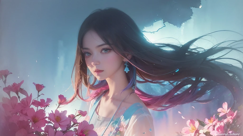 32k, Masterpiece, Highest quality, One girl, Detailed eyes, flower,Alstroemeria, Pink and light blue style,A dreamy, romantic piece,Pale yellow, Mysterious Leaves,A playful arrangement,Fantasy,High Contrast,Ink strokes,explosion,Exposure, Impression of pink and light blue tones,Abstract,((Watercolours by John Berkey and Jeremy Mann )) Brush strokes,Negative Space, Tyndall effect,