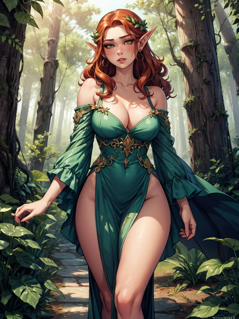 1girl, elf, earrings, forest, flowers, natural lighting, masterpiece, highly detailed, illustration, game CG, absurdres, high quality, , redhead, long curly hair, freckles, glossy lips,walking ina forest, ,  fantasy, Boris Vallejo, dress made from leaves, , sultry look, 
