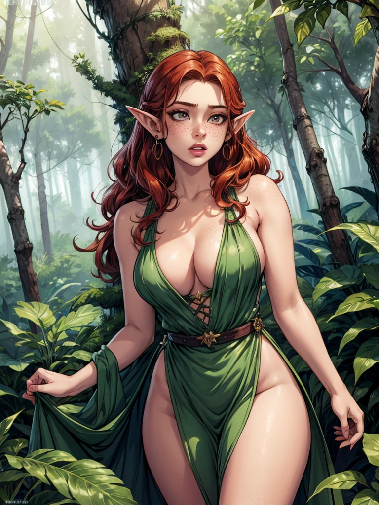 1girl, elf, earrings, forest, flowers, natural lighting, masterpiece, highly detailed, illustration, game CG, absurdres, high quality, medium breasts, redhead, long curly hair, freckles, glossy lips,walking ina forest, cleavage, erotic fantasy, Boris Vallejo, dress made from leaves, skimpy, sultry look, seductive