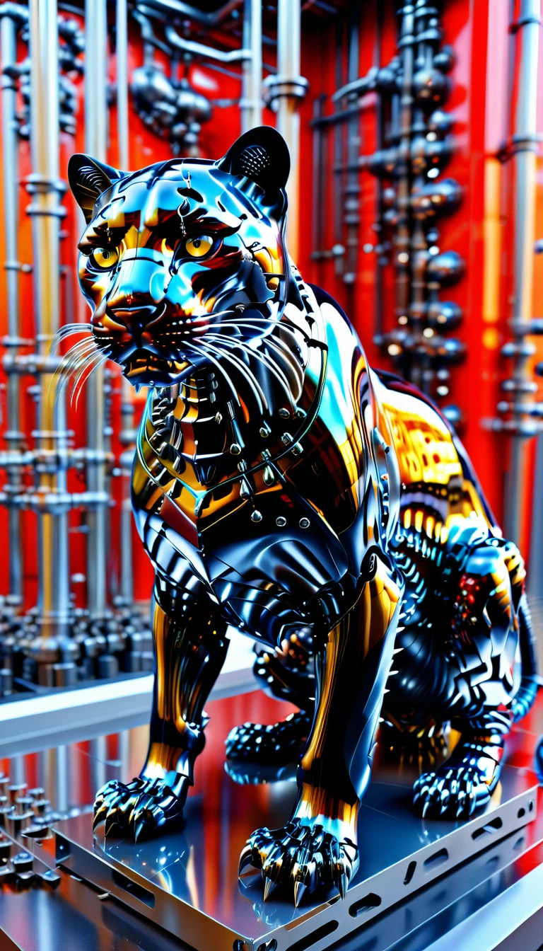 There is no one, Reality Photos, Reality Photos, Realistic photos of creatures like black panthers, spikes, multi-colored shiny fur, strange and, Surreal and, the other world, A robotic factory with a shiny assembly plant, intricate details, very sharp, Sophisticated details, Flawless composition, vivid colors, masterpiece, futuristic, metal decoration, The shiny red interior is empty., polished, ray tracing